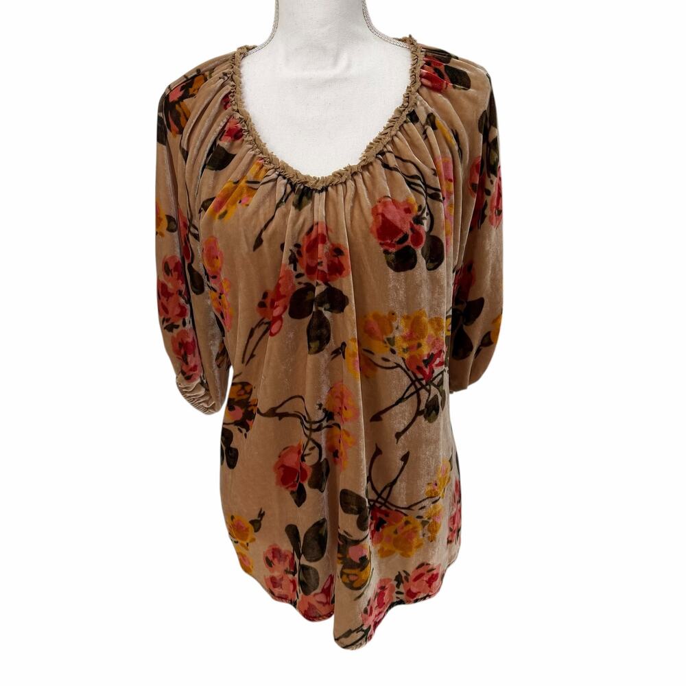 Sundance All Hours Tan Velvet Floral Peasant Boho Blouse Large - Picture 2 of 8